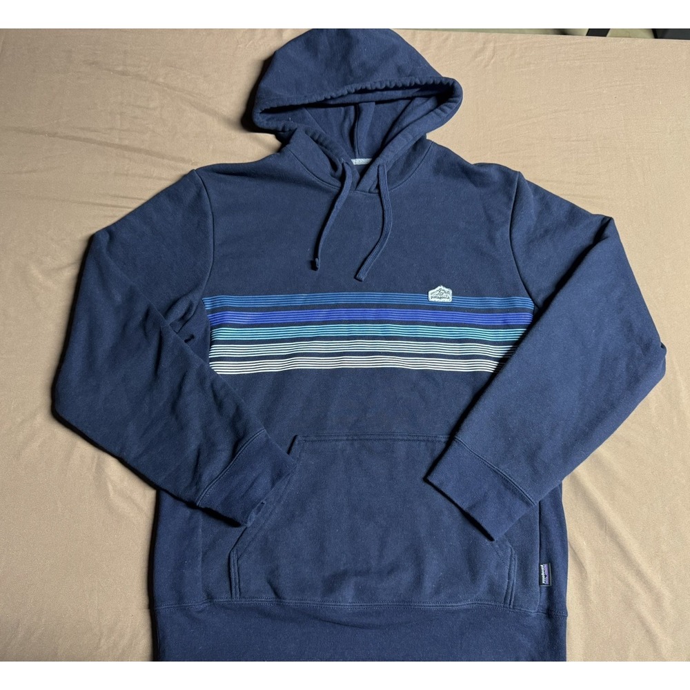 Patagonia Uprisal Hoodie Mens Small Navy Striped Pullover Sweatshirt Logo‎ Patch